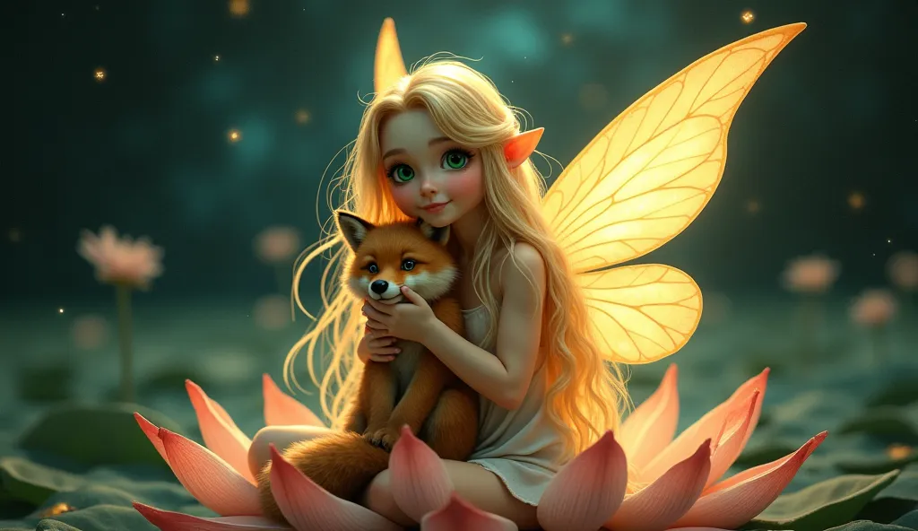 Fairy girl with blond long hair, big green eyes and translucent yellowish wings on her back, holding a cute brown fox in her hands. sitting on a lotus flower floating in dark space with galaxies and cosmic light coming from behind.