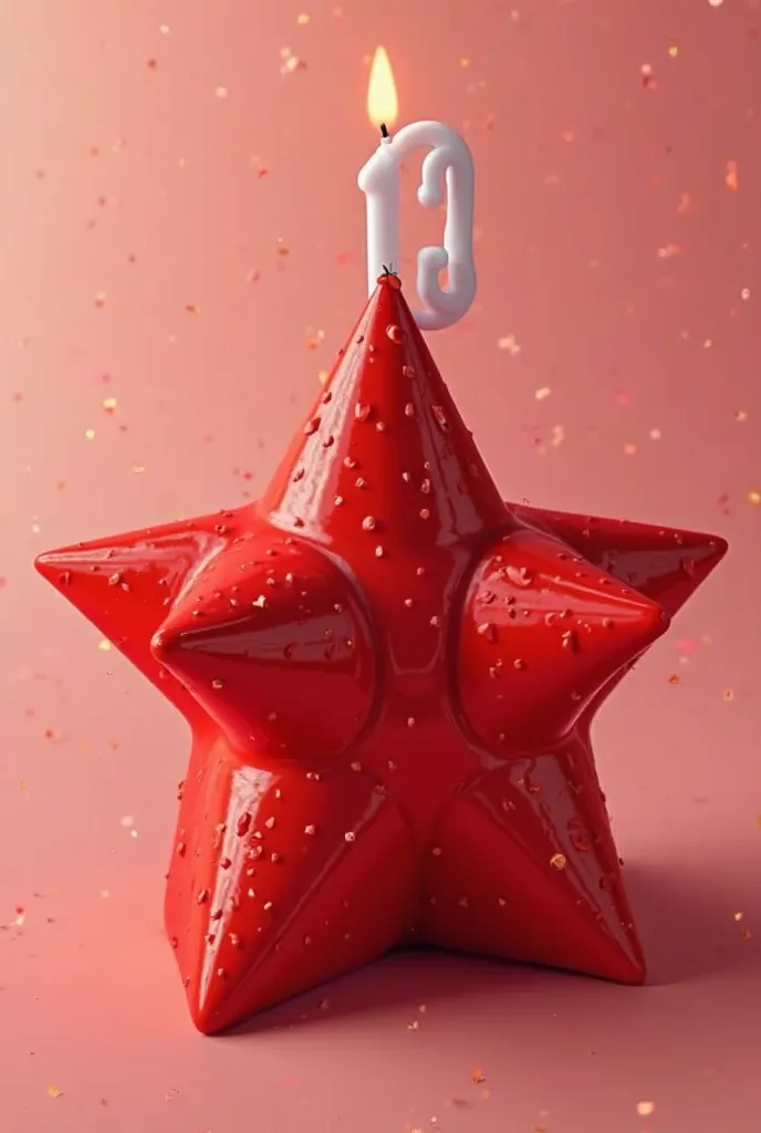 Give me an image of a birthday cake in the shape of a red star, with white number 13 candle on top 