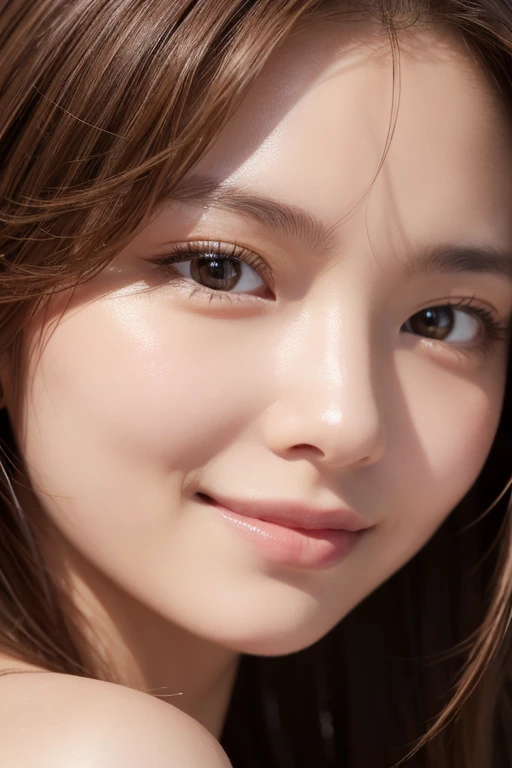   face close-up、
Huge 、    long brown hair  、Sparkling,   oily skin  、 skin growth 、  sandy beach、  white skin、Flying debris,   best quality, Realistic,   very detailed, finely,  It's high definition  ,  8k wallpaper,   beautiful woman,,   Light Brown  , B...