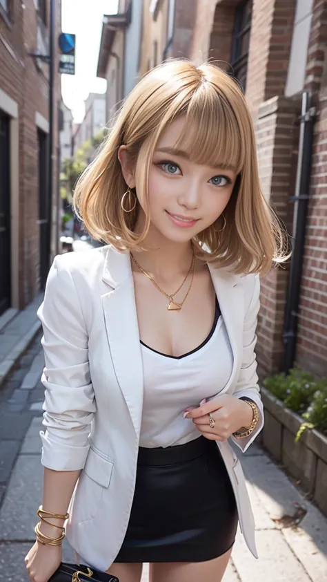 ((black micro pencil skirt))、side slits、((black blazer))、white v-neck shirt、tights、blonde hair、short bob hair、 layer style、、Blue Eyes、Medium breast、Chest Valley、slender body、small gold earrings、gold necklace with white braces、bracelet、square bag、smile、Stan...