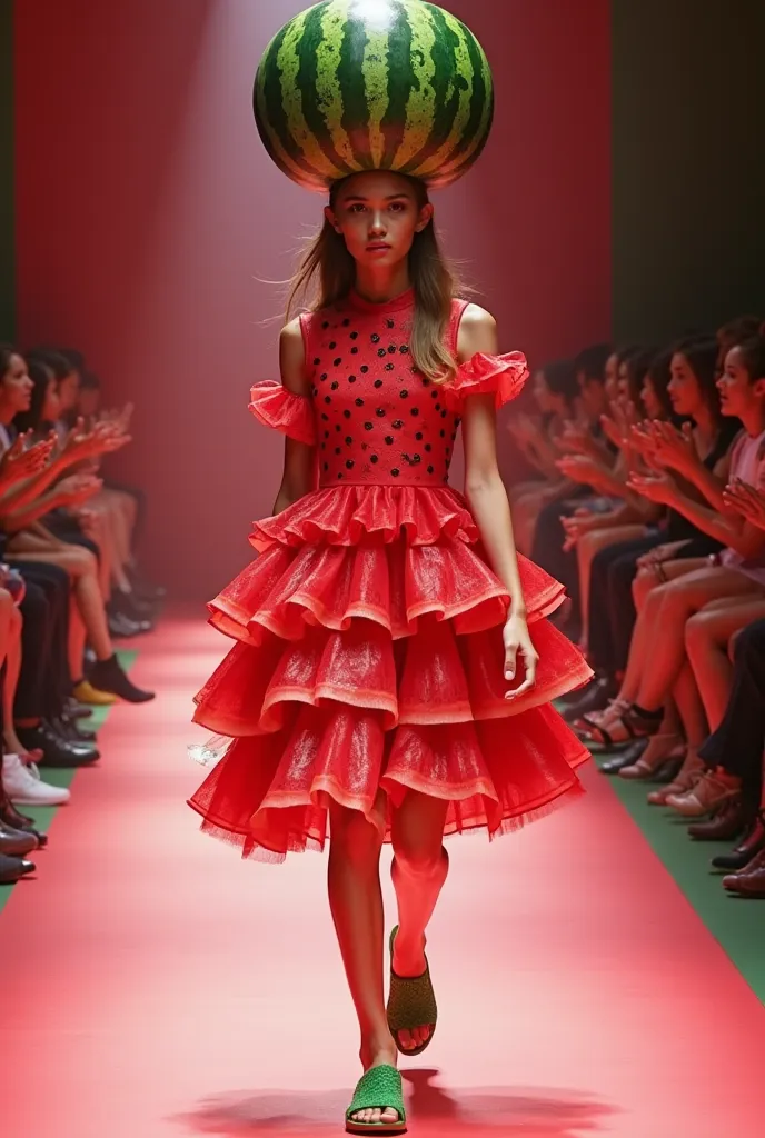 A young model wearing a vibrant red dress mimicking watermelon slices, with a realistic large watermelon on their head. The green sandals add a touch of contrast. They stride confidently down the runway, and the bright colors of the watermelon outfit stand...