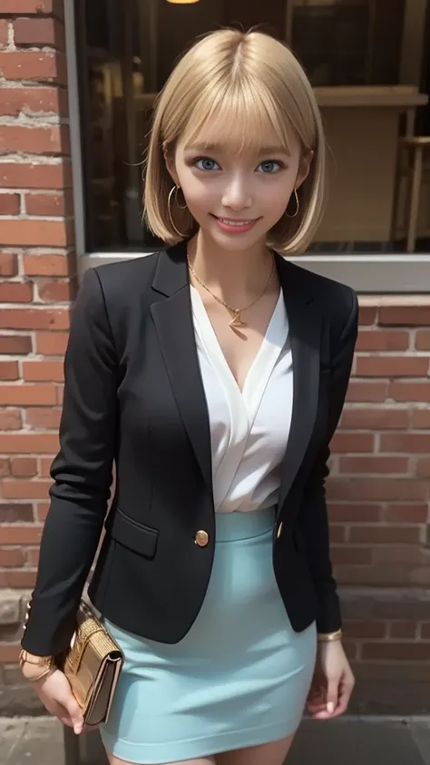 ((black micro pencil skirt))、side slits、((black blazer))、white v-neck shirt、tights、blonde hair、short bob hair、 layer style、、Blue Eyes、Medium breast、Chest Valley、slender body、small gold earrings、gold necklace with white braces、bracelet、square bag、smile、Stan...