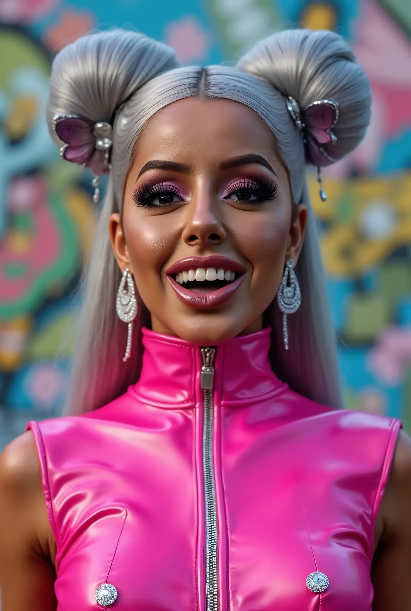 outrageously long and voluminous lash extensions., laughs a lot,  pink latex suit, diamond ear earrings,  Silver hair , black lips, bright black makeup, butterfly clip on the head