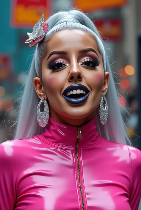 outrageously long and voluminous lash extensions., laughs a lot, pink latex suit, diamond ear earrings, Silver hair , black lips, bright black makeup, butterfly clip on the head