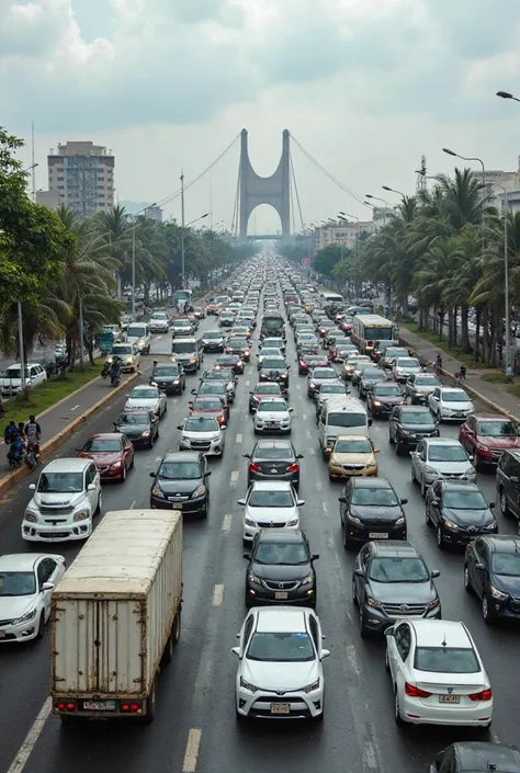 A well-composed image of Lagos traffic—perhaps during rush hour on a busy street or at a recognizable landmark like Third Mainland Bridge. Look for photos that capture the energy without being too chaotic.