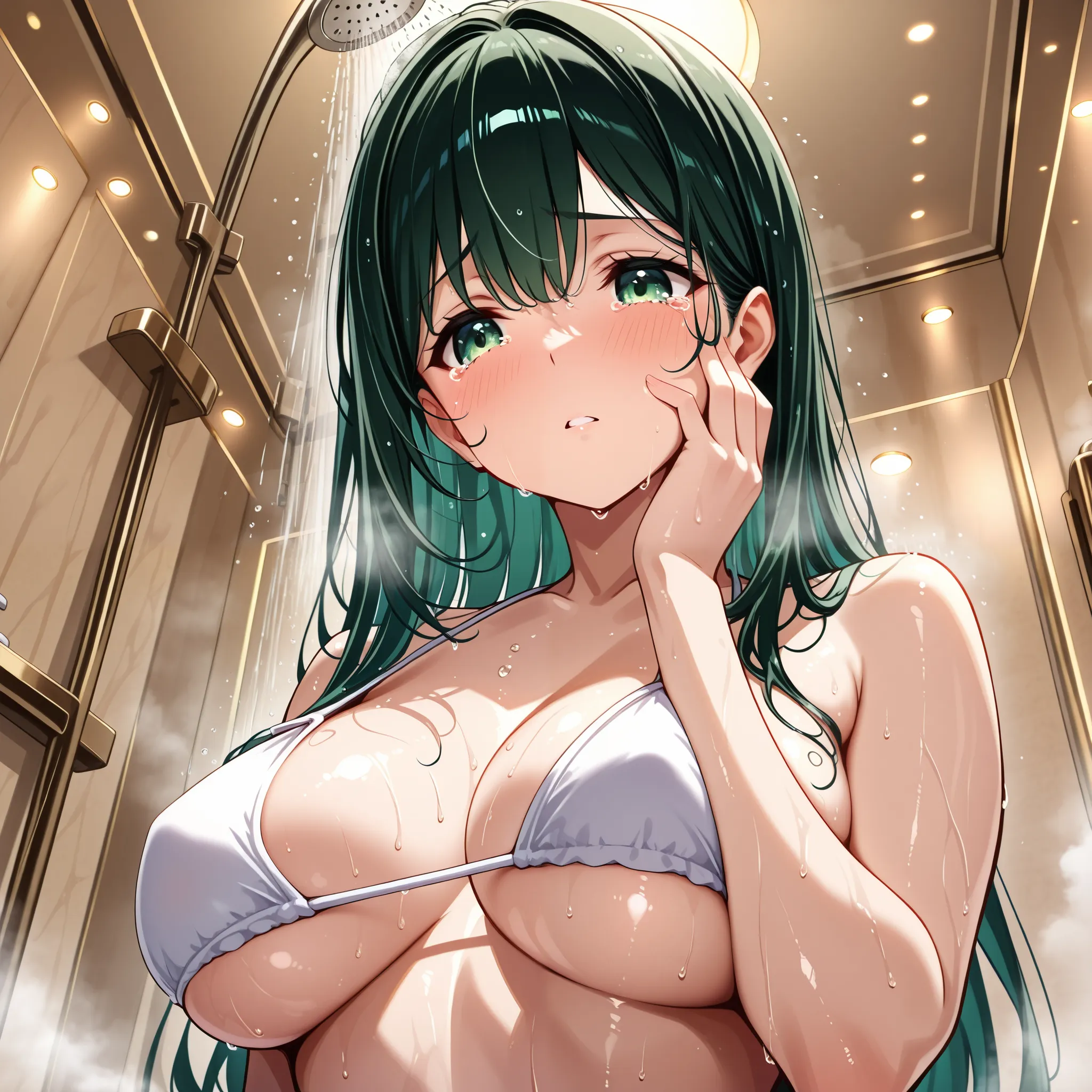 (masterpiece),(absurdres),(ultra detailed),(beautiful detaile),(solo lady),(20-year-old),(shiny dark green hair),(dark green eyes),(straight long hair),bangs:1.1,(()),(middle breast:0.8),(()),(white bikini),(hotel shower room background,shower:1.1、steam:1....