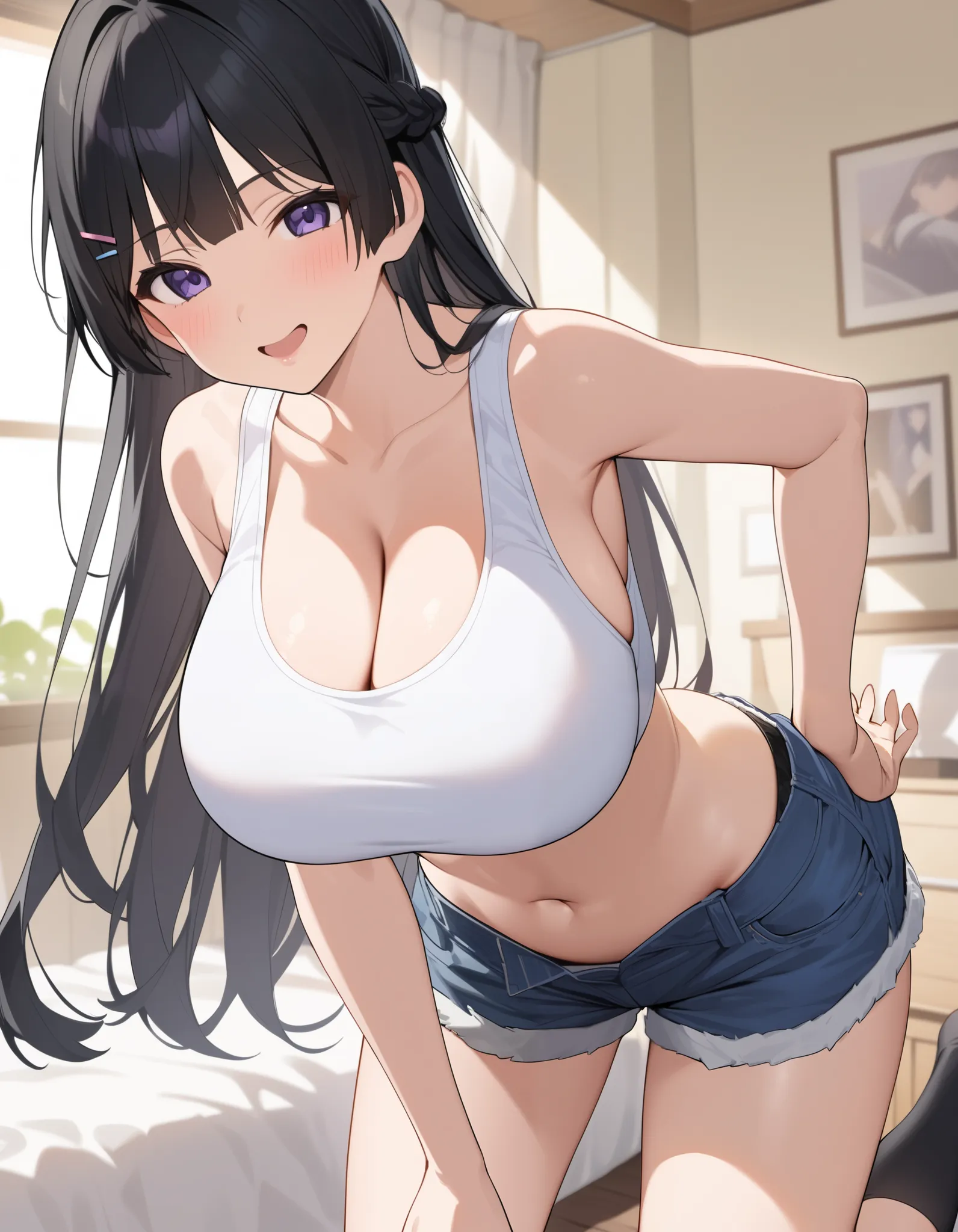 top quality、white sports bra、Underboob、 denim shorts 、 high socks、navel、Tsukino Mito、Nijisanji、 black hair、long hair、hair clip、purple eyes、emphasizes cleavage、Big Breasts、Big Breasts、Big Breasts、 (Big Breasts:1 . 3)、bedroom、solo、 happy、is standing、lean for...