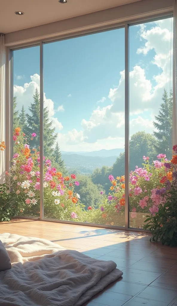 airiness bedroom interior clouds blooming garden in the room various flowers grow in the room panoramic window