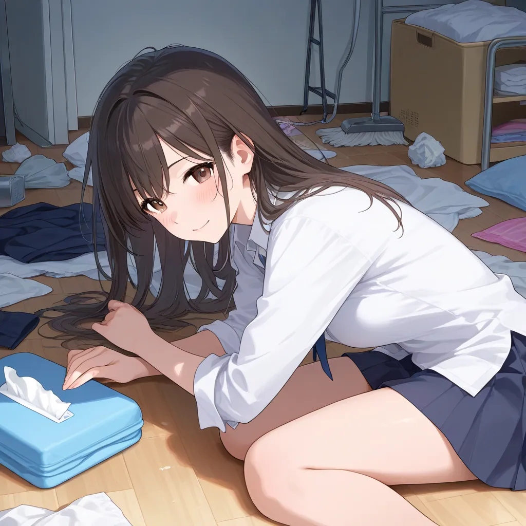 A woman cleans up a messy room、cleaning