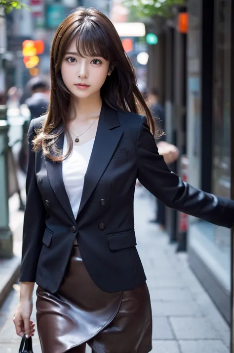 standing in the city、、high quality,超high resolution,、1 person,full body、Shiny brown hair,(8k, 4K、最high quality, high resolution, 超high resolution:1.1)、thighs、((business suit)), (tight skirt)Pita shirt、 micro mini、necklaces、small breasts、Cool Look,camera,be...