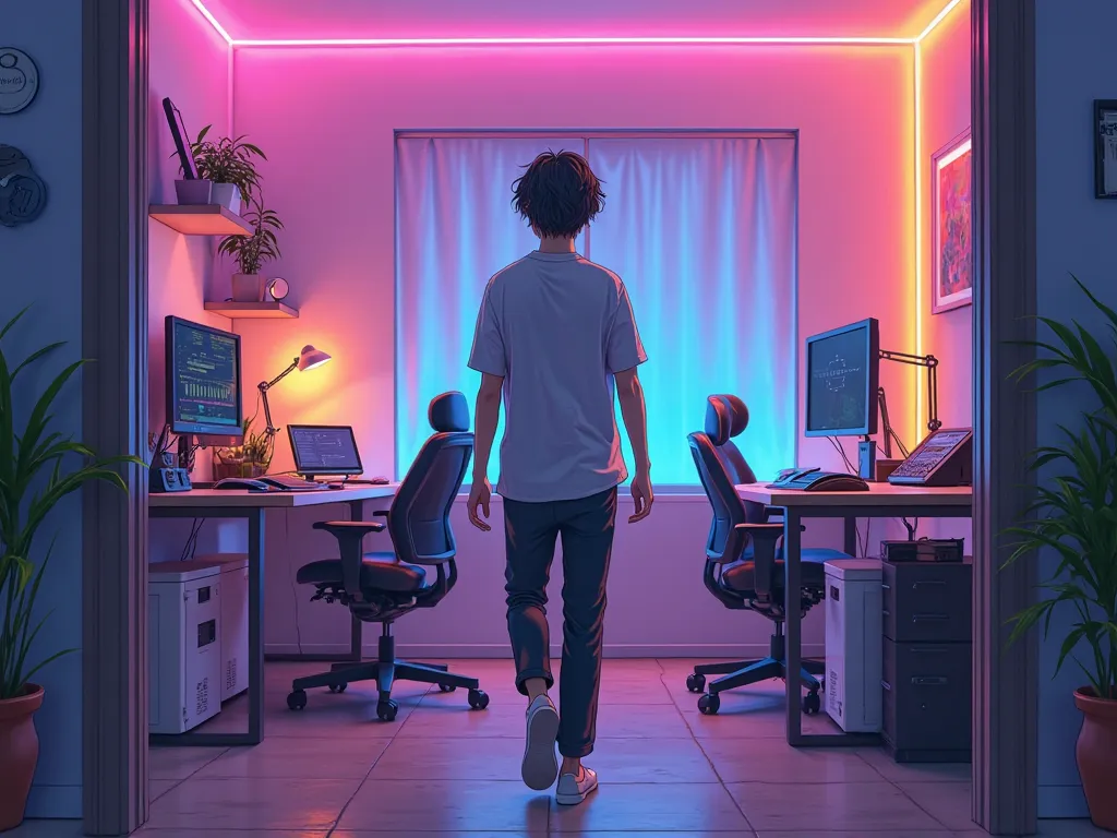 The male anime-style character walks away from his setup, Your room has neon style RGB lights