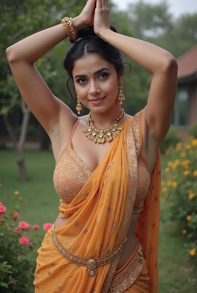 the image is a portrait of a young Indian newlywed woman her figure is curvy, sexy and erotic sensual. posing in a traditional Indian outfit. she is wearing cotton saree with a and a matching strapless bra. remember the bra should be strapless only. the sa...