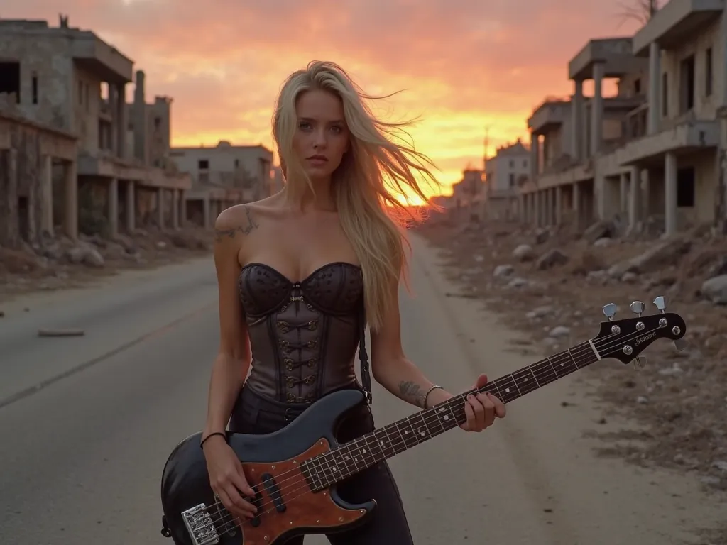  The image shows a gorgeous blonde in a stylish corset ,  standing with a bass guitar in her hands .  her hair develops in the wind ,  and the gaze is fixed into the distance .  In the background, there is a ruined city with empty streets ,  with fragments...