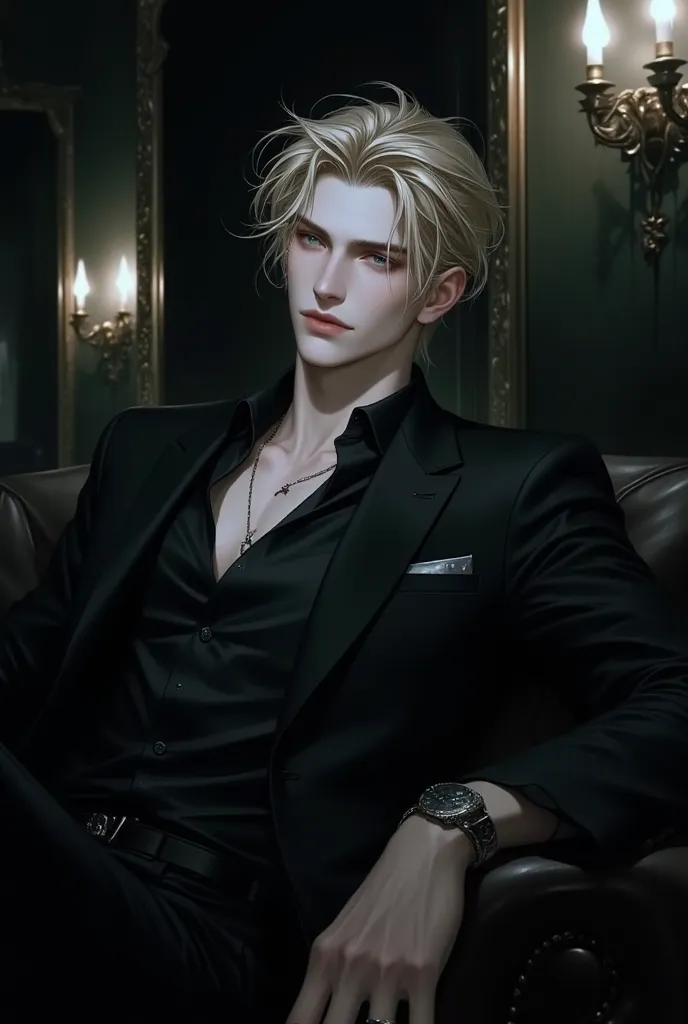 Europe man with short blonde hair, blue sharp eyes, sitting on the sofa in a dark room, in a suit, high quality, mature face, sexy, flat colors, { upper body }, thick black lines