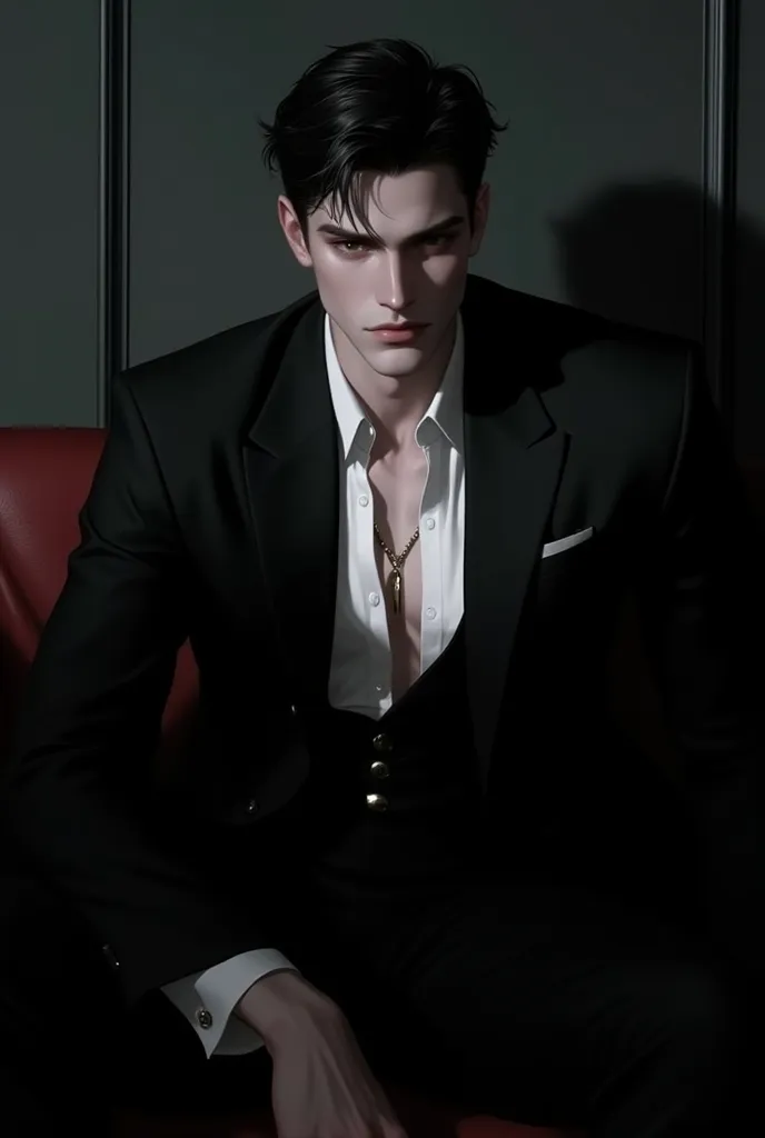 Europe man with short black hair, hazel sharp eyes, sitting on the sofa in a dark room, in a suit, high quality, mature face, sexy, flat colors, flat lines , { upper body },  thick black lines