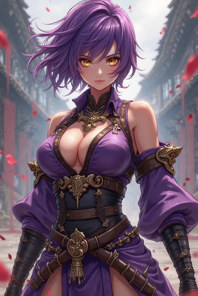 Women's Samurai Warrior Athletic, Brown Leather,  short purple hair , yellow eyes, with purple samurai armor with gold, big ass, big chest, in a battle pose, anime style 