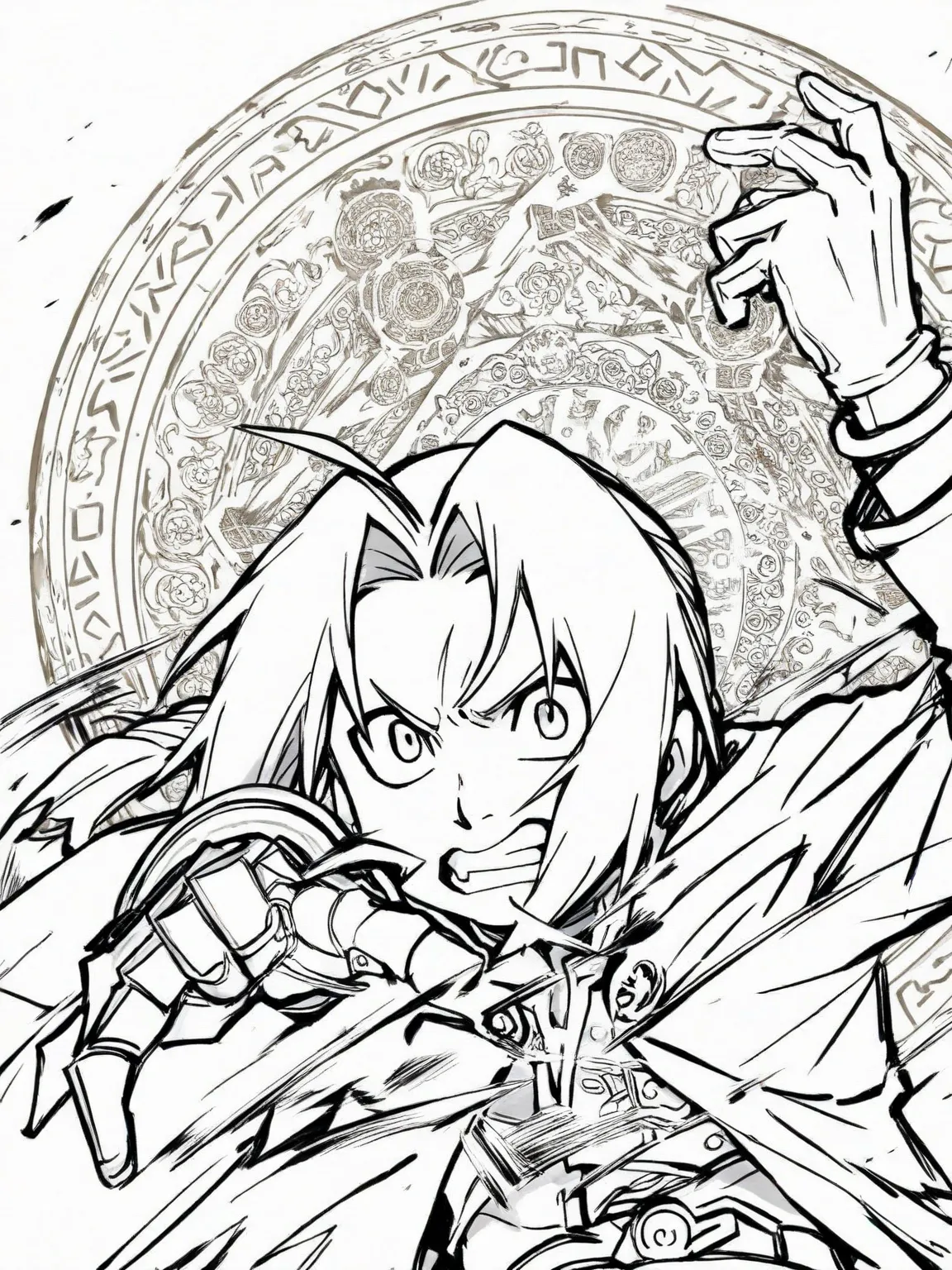 1boy, Edward Elric, Fullmetal Alchemist, intricate mechanical lineart, detailed alchemy circle runes, angry expression with dynamic hand gesture, White background emphasizing outlines, masterpiece, best quality, very aesthetic, early