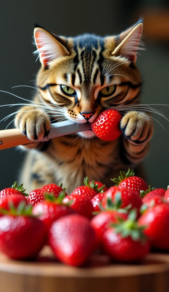 Brown cat bites strawberries with a knife