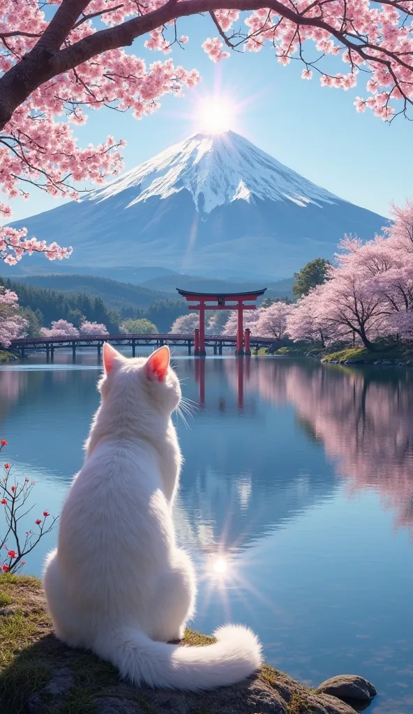 High Precision、High Details、Mt. Fuji and the inverted Mt. Fuji reflected in the lake、The sun directly above the top of Mt. Fuji、Beautiful light、The beautiful water of the lake、Cherry blossom trees nearby、cherry blossoms are dancing、The bridge and torii gat...