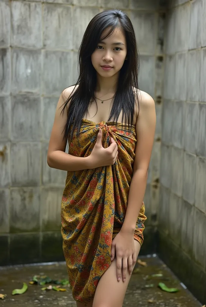 indonesian 16-years-old girl, wet hair, a bit chubby, wearing sarong, upper body, bathing under the shower,  selfie in the bathroom, Look at the viewer, wide angle full body shot,