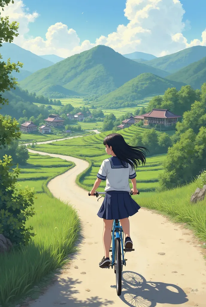 Korean high school girl riding a bicycle on a street in the Korean countryside. Rear view