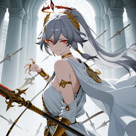 by [|inoitoh|yoneyama mai|arknights],
1girl, upper body focus, turning her body around, from the side, side shot, movement, dynamic pose, attacking with her spear, vicious expression, smirk, wide eyes, flaming eyes, burning eyes, eye trails, anger, arrogan...