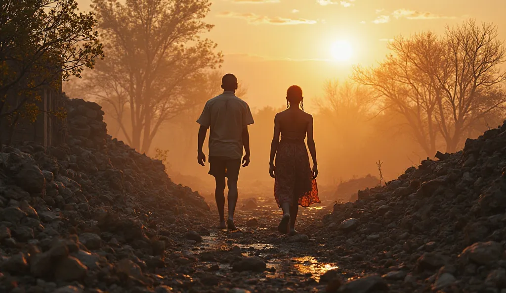 The ruins of the mansion in the village lie in smoldering fragments as the first light of dawn breaks across the village. Sipho and Naledi, black south African male and female emerge from the rubble, bruised and exhausted but alive. The air is fresh and st...