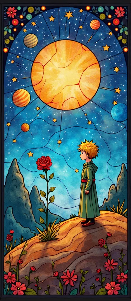 Create a stained glass window, where the Little Prince talks to a rose on his planet. In the background, stars and other planets, and small elements, telling about his journey. The stained glass window should be filled with light and kindness.