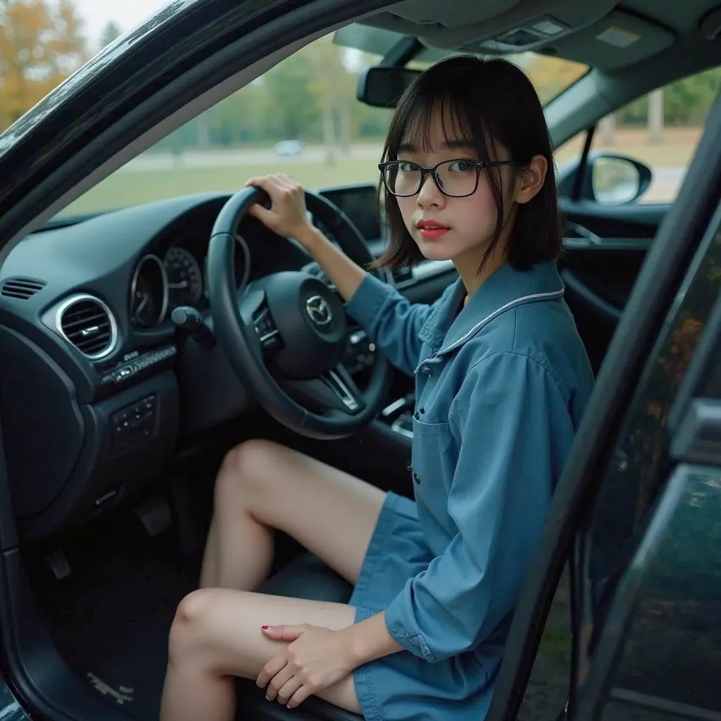 A South Korean girl, 18 years old, Suicide Inside Mazda3 Blue 2019 Black Leather Upholstery, was caught tied up in the driver's seat.,  daytime atmosphere, , full body sweat, , the steering wheel of a compressed car copy with her, Blood spread full seat, B...