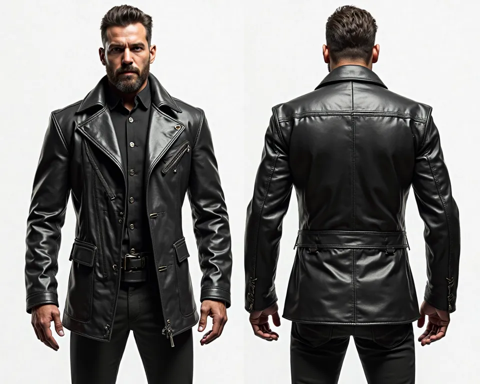 design an image of mens leather gladiator Blazer in black color on white background, show full image from front and back
