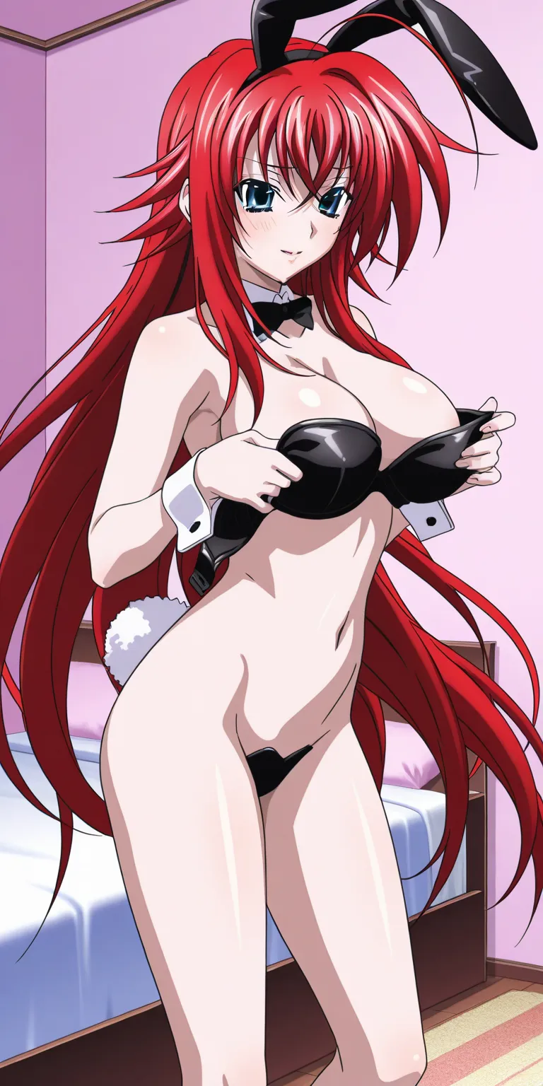 mature female, rias gremory, slut girl, bunny costume, removing bra scene, teasing, bedroom, high detailed, best quality