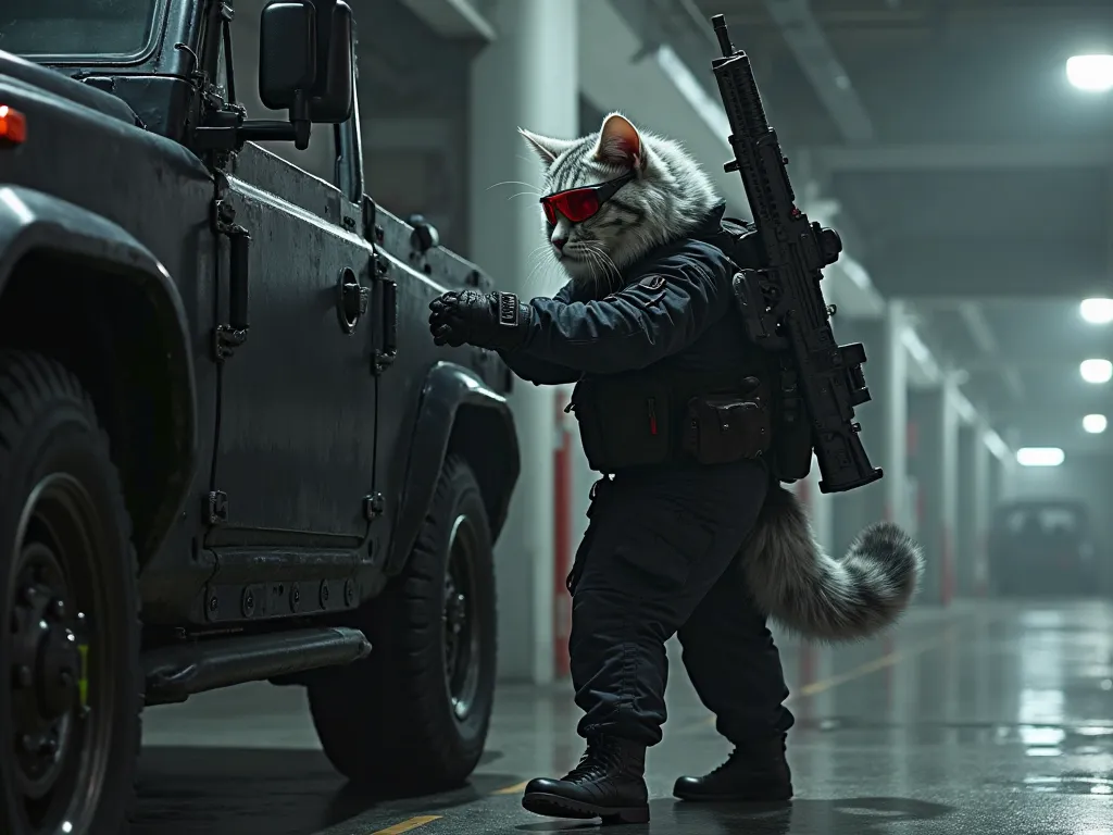 A highly detailed, cinematic digital painting of a fluffy gray and white cat in full black tactical gear, including a tactical jacket, pants, gloves, boots, and a red tactical visor. The cat is heavily armed, carrying a futuristic rifle on its back and a h...