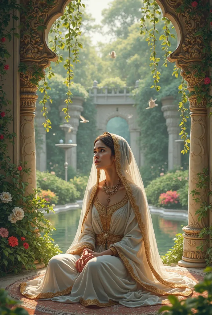 . Scene: Raihana (Namrood’s Daughter) in the Royal Garden, Reflecting

Prompt:
"A young princess sitting alone in a lush royal garden, deep in thought. She wears elegant ancient royal clothing, with delicate jewelry and a veil partially covering her head. ...