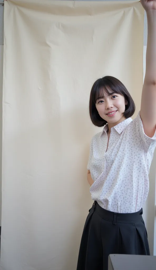  full body seen from the front with a large sheet of paper（ from head to foot）Capturing 、Clear depiction of figure standing in center。eye線はカメラeye線。Smiling and curious々Highlight the expression of。 28 year old Japanese woman。black髪ベースのショートボブ（Kyouko style、tha...