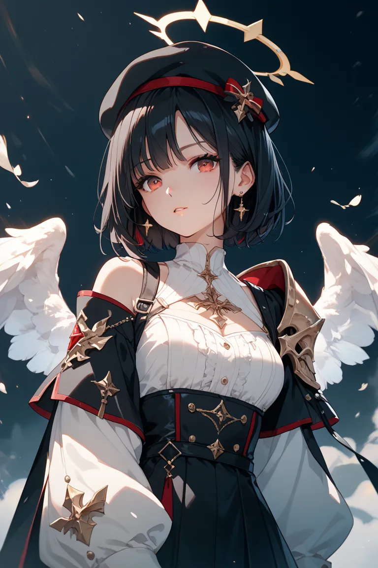 Fallen Angel, Neutral, Black Hair, Red Eyes, Black Clothes, Shoulder Wear, White Clothes, Black Beret, Golden Halo 