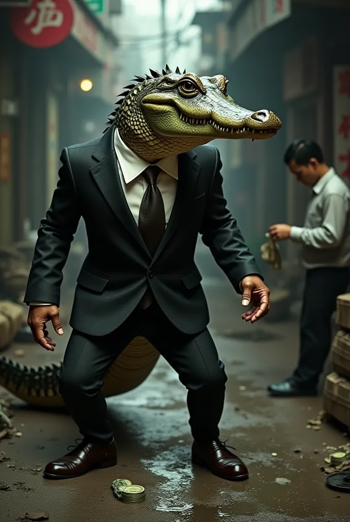 Crocodile in a suit stealing money from a poor asian 