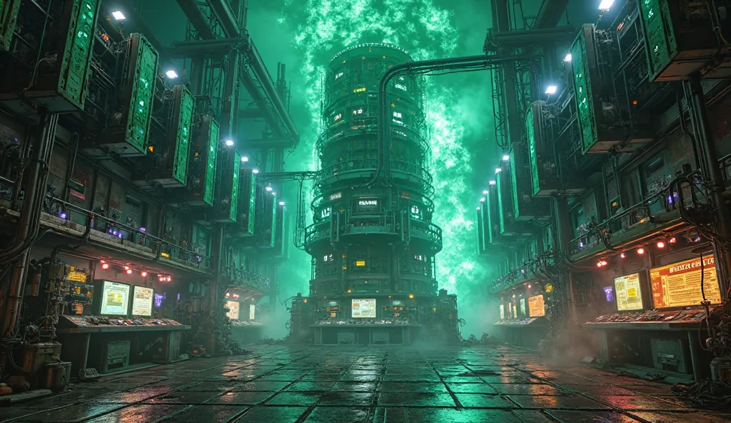 A chaotic cyberpunk laboratory engulfed in high-tech mayhem, dimly lit with pulsating neon lights in deep blue, purple, and eerie green. At the center of a massive industrial hall, a towering vertically standing cylindrical reactor dominates the space, its...