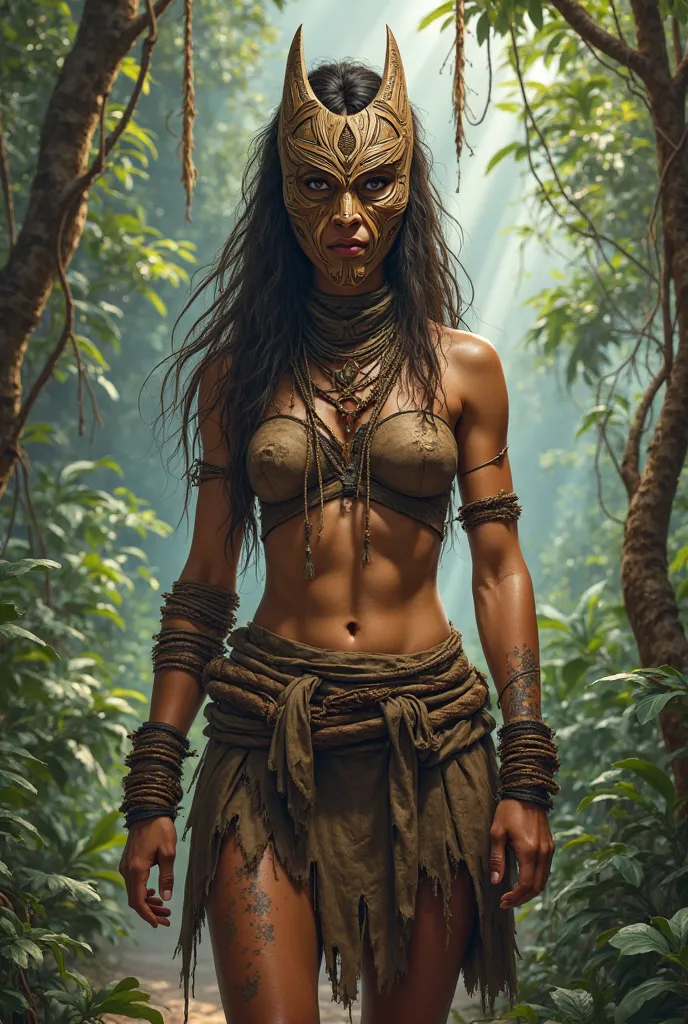 A jungle warrior woman with wooden mask make her scarp clothes