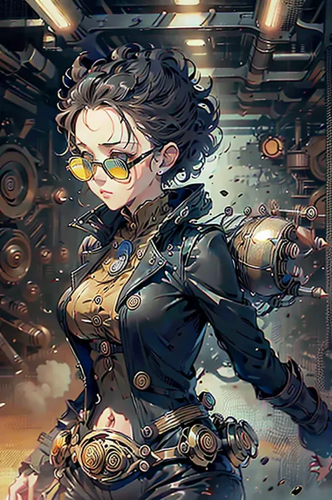 Bullet Time Dodge, dolly girl, little fat, little Flabby body, brown eyes, forehead, black messy curly short hair, drooping big eyes, cute, looking away, female battle action, matrix, Sunglasses and leather coat, Gustav Klimt: art-nouveau style,