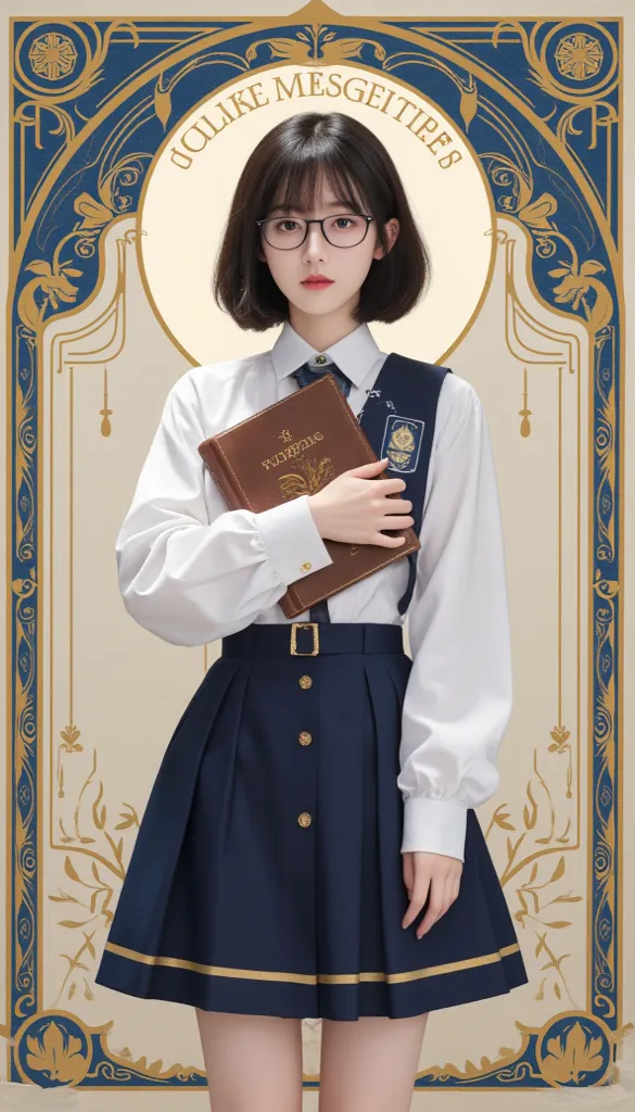 A full-body anime-style illustration of Amora 'Argos' Navis, a young female student wearing glasses and a university uniform. The uniform consists of a white blouse, a navy blue skirt, and gold-accented details, representing the colors of her university. S...