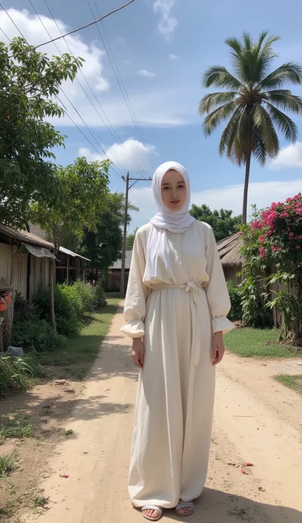 A beautiful young woman. wearing cream Islamic syar'i clothes. And wearing a white hijab.And wearing silver sandals,  She has a sexy body, and tight breasts.He was in a poor, but beautiful village. Beside it there are many poor houses with flowers and thic...