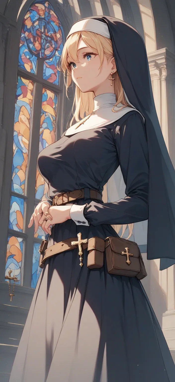 Female clergyman 　The hairstyle is blonde semi-long　 blue eye　 zitoida　medium breasts　loose, matte, deep dark blue monastic uniform（ Long Sleeve Dress）　Nun's Veil　accessory, a rosary、Small earrings on the ears、ring、Slightly loose waist belt　Small pouch　Dag...