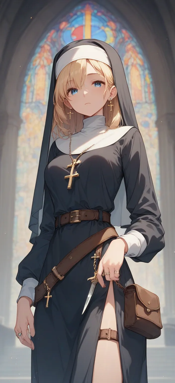 Female clergyman 　The hairstyle is blonde semi-long　 blue eye　 zitoida　medium breasts　loose, matte, deep dark blue monastic uniform（ Long Sleeve Dress）　Nun's Veil　accessory, a rosary、Small earrings on the ears、ring、Slightly loose waist belt　Small pouch　Dag...