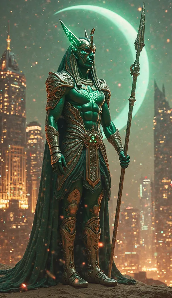 **"Realistic and realistic representation of the Egyptian god Osiris, portrayed as a majestic and powerful figure. Its appearance combines traditional elements, like green skin and the scepter, with advanced technological ornaments, such as shiny armor wit...