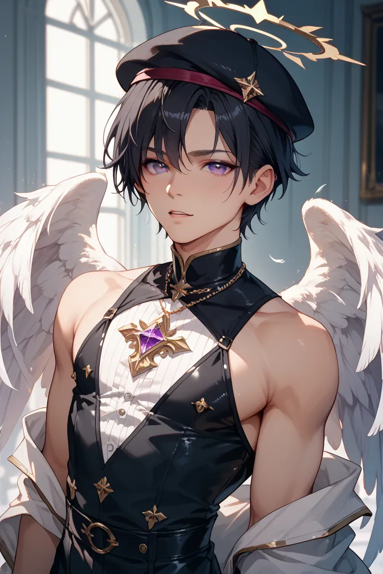 Fallen Angel Boy Body Type, Naughty Boy, Black Hair, Purple Eyes, Black Clothes, Shoulder-Covered White Clothes, Black Beret, Golden Halo, White Feathers