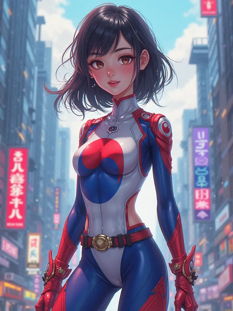  Korea 국기, superhero, 귀여운 girl, Tight Bodysuit, pretty face, Nice body , city,  Korea 국기가 들어간 Tight Bodysuit, anime,  Korea , girl