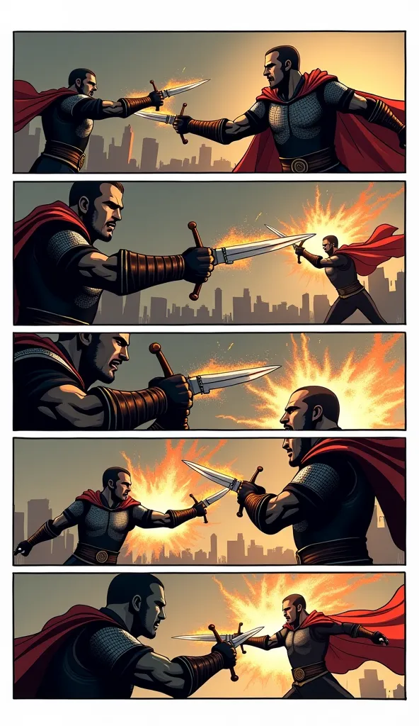 "Storyboard, Comic book panel layout with white border, Multiple views, Immersive, Go Pro, Action Pose, 6 panels ""Vlad blocking a heavy attack with his sword, sparks flying as metal clashes with metal. His face is filled with determination, showing his un...