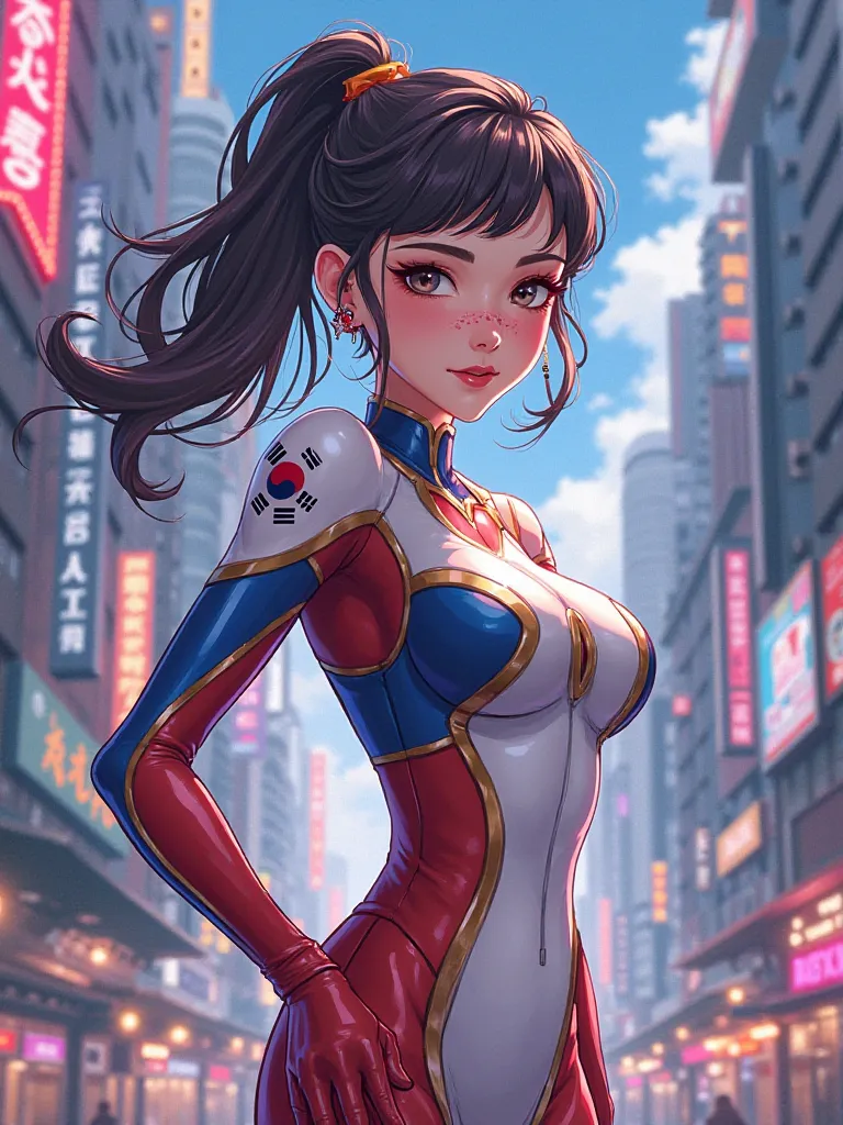  Korea 국기, superhero, 귀여운 girl, Tight Bodysuit, pretty face, Nice body , city,  Korea 국기가 들어간 Tight Bodysuit, anime,  Korea , girl