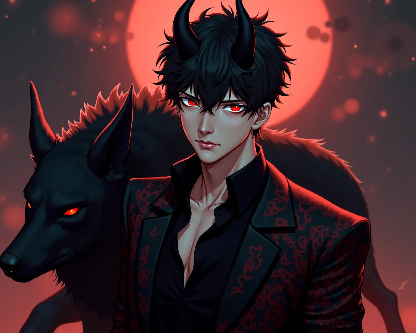 demon masculin 20 ans ,il a des  cheveux  noir  , cheveux courts,les yeux rouge, il a des cornes sur la tete , anime, sexy, avec un loup noir