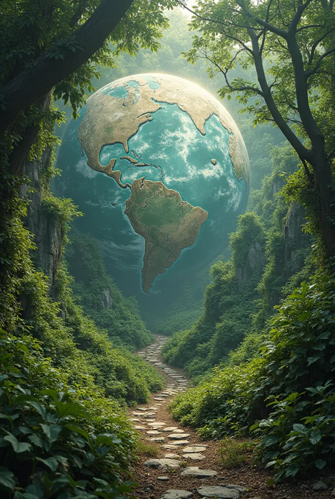 the earth after 200 million years ago where the earth is filled with establishments surrounded greeny plants and vines and has green vibe where the location of  continents and countries move to a new location